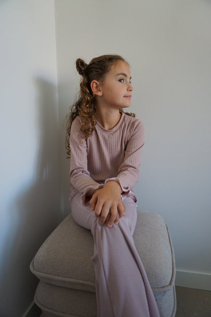 Roze rib flared broek meisjes met rolzoom