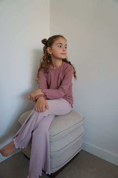 Roze rib flared broek meisjes met rolzoom