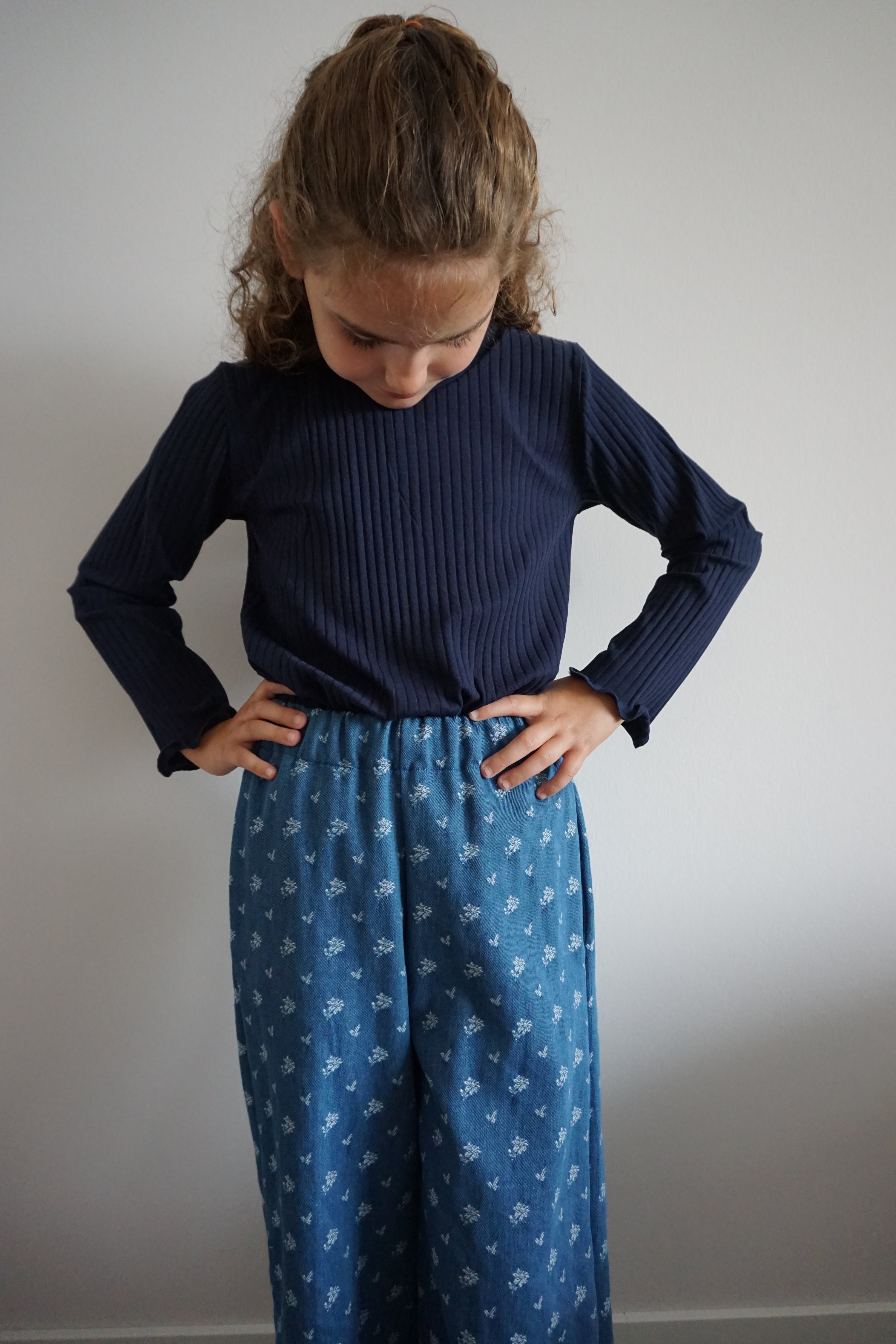 Denim bloemen wide leg broek meisjes